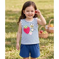 Babyhug Single Jersey Knit Sleeveless Striped Top & Shorts Set with Tropical Theme Embroidery - Navy Blue