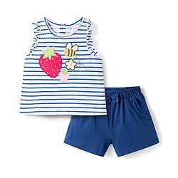 Babyhug Single Jersey Knit Sleeveless Striped Top & Shorts Set with Tropical Theme Embroidery - Navy Blue