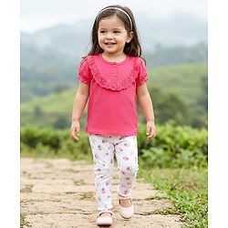 Babyhug Single Jersey Knit Half Sleeves Top & Leggings Set with Floral Print - Dark Pink