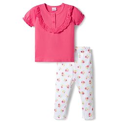 Babyhug Single Jersey Knit Half Sleeves Top & Leggings Set with Floral Print - Dark Pink