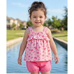 Babyhug Cotton Knit Sleeveless Floral & Bow Printed Top & Shorts Set - Pink