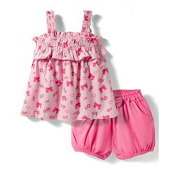 Babyhug Cotton Knit Sleeveless Floral & Bow Printed Top & Shorts Set - Pink