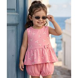 Babyhug Single Jersey Knit Sleeveless Floral Printed Top with Bow Applique & Shorts - Pink