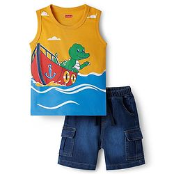 Babyhug Single Jersey Knit Sleeveless T-Shirt & Shorts Set with Dino Print - Yellow & Blue