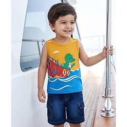 Babyhug Single Jersey Knit Sleeveless T-Shirt & Shorts Set with Dino Print - Yellow & Blue
