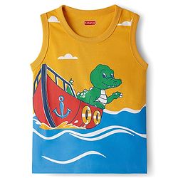 Babyhug Single Jersey Knit Sleeveless T-Shirt & Shorts Set with Dino Print - Yellow & Blue
