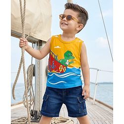 Babyhug Single Jersey Knit Sleeveless T-Shirt & Shorts Set with Dino Print - Yellow & Blue