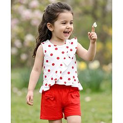 Babyhug Single Jersey Knit Sleeveless Top & Shorts Set with Polka Dot Print & Bow Applique - White & Red