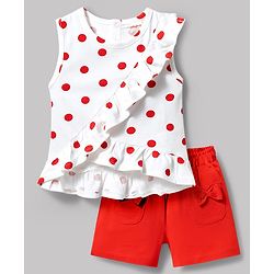 Babyhug Single Jersey Knit Sleeveless Top & Shorts Set with Polka Dot Print & Bow Applique - White & Red
