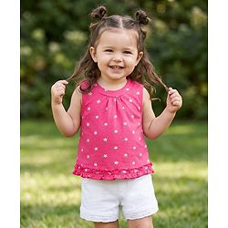 Babyhug Single Jersey Knit Sleeveless Floral Printed Top & Shorts Set - Pink & White