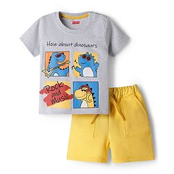 Babyhug Single Jersey Knit Half Sleeves T-Shirt & Shorts Set with Dino Print - Yellow