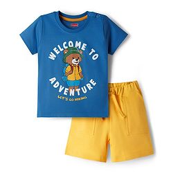 Babyhug Single Jersey Knit Half Sleeves T-Shirt & Shorts Set with Adventure Print - Blue & Yellow