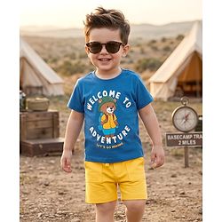 Babyhug Single Jersey Knit Half Sleeves T-Shirt & Shorts Set with Adventure Print - Blue & Yellow