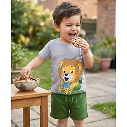 Babyhug Single Jersey Knit Half Sleeves T-Shirt & Shorts Set with Lion Print - Green