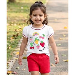 Babyhug Single Jersey Knit Half Puffed Sleeves Top & Shorts Set with Fruit Embroidery - Red & White