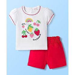 Babyhug Single Jersey Knit Half Puffed Sleeves Top & Shorts Set with Fruit Embroidery - Red & White