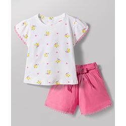 Babyhug Single Jersey Knit Sleeveless Floral Printed Top & Shorts Set with Belt - Pink & White