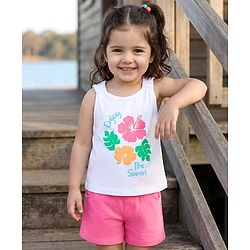 Babyhug Single Jersey Knit Sleeves Tank Top & Shorts Set with Floral Print - Pink & White
