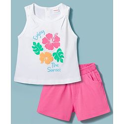 Babyhug Single Jersey Knit Sleeves Tank Top & Shorts Set with Floral Print - Pink & White