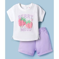 Babyhug Single Jersey Knit Half Sleeves Top & Shorts Set with Berry Mood Print - White & Lavender