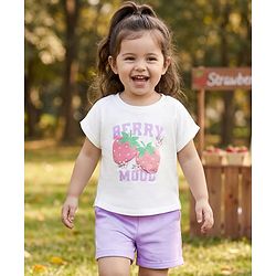 Babyhug Single Jersey Knit Half Sleeves Top & Shorts Set with Berry Mood Print - White & Lavender
