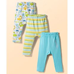 Babyhug Interlock Knit Full Length Striped & Dino Printed Diaper Leggings Pack of 3 - Multicolor