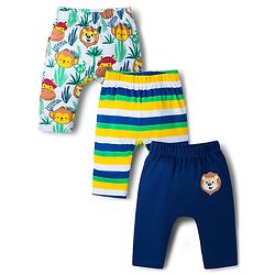 Babyhug Interlock Knit Full Length Diaper Leggings with Jungle Theme Print & Stripes Pack of 3 - Multicolor