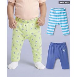 Babyhug 100% Cotton Interlock Knit Full Length Diaper Leggings with Airplane Print & Stripes Pack of 3 - Multicolor