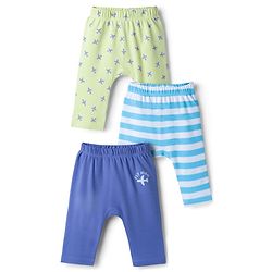 Babyhug 100% Cotton Interlock Knit Full Length Diaper Leggings with Airplane Print & Stripes Pack of 3 - Multicolor