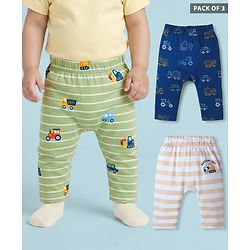 Babyhug Interlock Knit Full Length Diaper Leggings with Vehicle Print & Stripes Pack of 3 - Multicolor