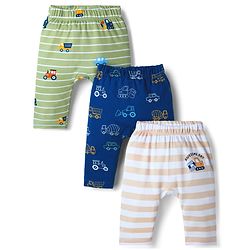 Babyhug Interlock Knit Full Length Diaper Leggings with Vehicle Print & Stripes Pack of 3 - Multicolor