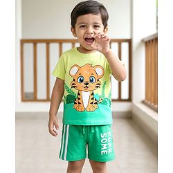 Babyhug Single Jersey Knit Half Sleeves T-Shirt & Shorts Set With Tiger Print - Green