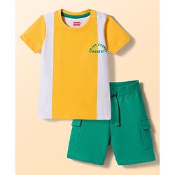 Babyhug Single Jersey Knit Half Sleeves Striped T-Shirt & Shorts Set with Text Print - Green