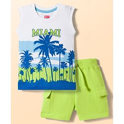 Babyhug Single Jersey Knit Sleevless T-Shirt & Shorts Set with Miami Print - Light Green & White