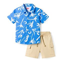 Babyhug Single Jersey Knit Half Sleeves Shirt & Shorts Set with Floral Print - Blue & Beige
