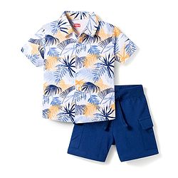 Babyhug Single Jersey Knit Half Sleeves Shirt & Shorts Set with Leaf Print - Navy Blue