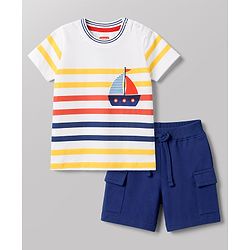Babyhug Single Jersey Knit Half Sleeves Striped & Nautical Theme Printed T-Shirt & Cargo Shorts Set - Multicolor & Navy Blue