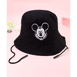 Babyhug Disney Cotton Woven Summer Bucket Cap With Micky Mouse Embroidery Black - Diameter 21 cm