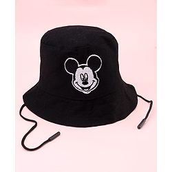 Babyhug Disney Cotton Woven Summer Bucket Cap With Micky Mouse Embroidery Black - Diameter 21 cm