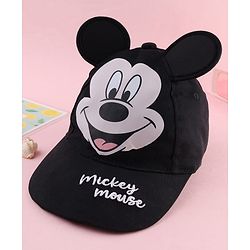 Babyhug Disney Cotton Woven Summer Cap With Mickey Mouse Graphics & Ear Applique Black - Diameter 20 cm