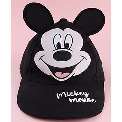 Babyhug Disney Cotton Woven Summer Cap With Mickey Mouse Graphics & Ear Applique Black - Diameter 20 cm