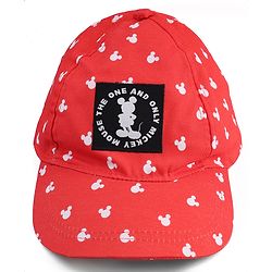 Babyhug Disney Cotton Woven Summer Cap With Mickey Mouse Graphics Red - Diameter 20 cm