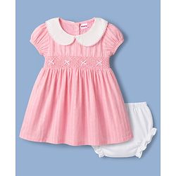 Babyhug Cotton Woven Half Sleeves Embroidered Frock With Bloomer - Pink