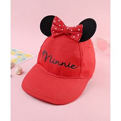 Babyhug Disney Cotton Woven Summer Cap With Minnie Mouse Graphics & Ear & Bow Applique Red - Diameter 20 cm