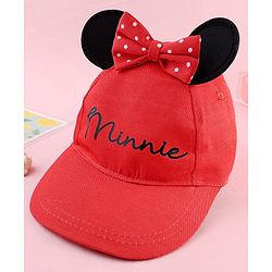 Babyhug Disney Cotton Woven Summer Cap With Minnie Mouse Graphics & Ear & Bow Applique Red - Diameter 20 cm