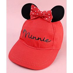 Babyhug Disney Cotton Woven Summer Cap With Minnie Mouse Graphics & Ear & Bow Applique Red - Diameter 20 cm