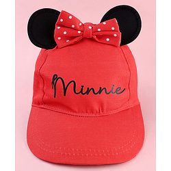 Babyhug Disney Cotton Woven Summer Cap With Minnie Mouse Graphics & Ear & Bow Applique Red - Diameter 20 cm