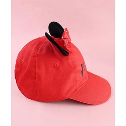 Babyhug Disney Cotton Woven Summer Cap With Minnie Mouse Graphics & Ear & Bow Applique Red - Diameter 20 cm