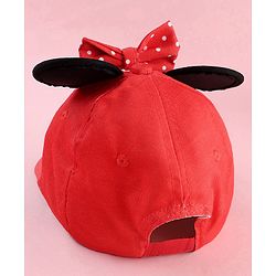 Babyhug Disney Cotton Woven Summer Cap With Minnie Mouse Graphics & Ear & Bow Applique Red - Diameter 20 cm