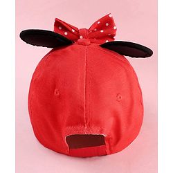 Babyhug Disney Cotton Woven Summer Cap With Minnie Mouse Graphics & Ear & Bow Applique Red - Diameter 20 cm